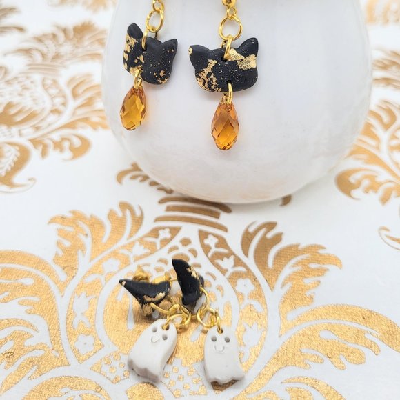 Set of 2 Halloween black cat ghost hat gold orange Swarovski crystal earrings - Picture 7 of 9